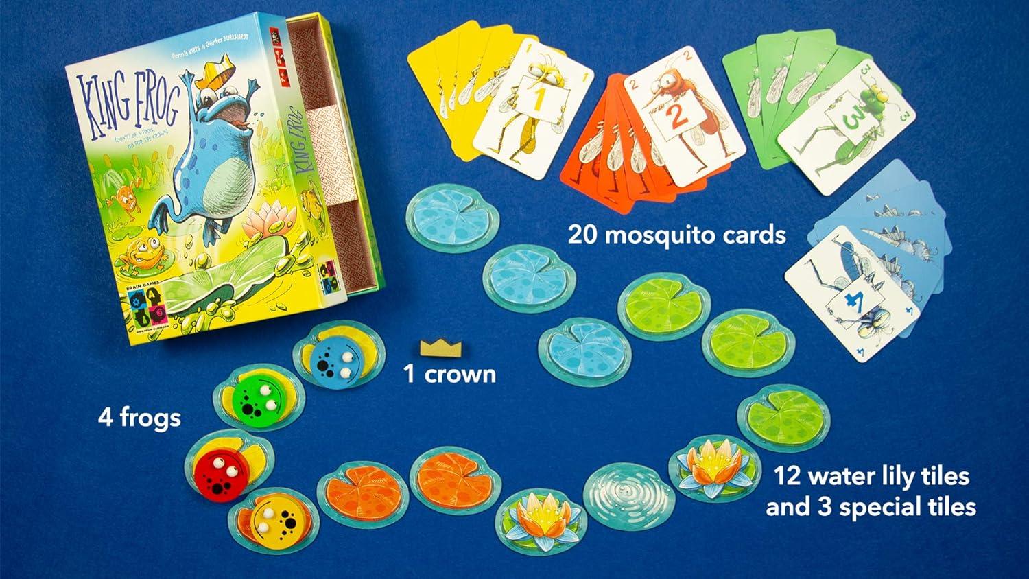 ボードゲーム King Frog 王様ガエル BrainGames 空間的思考力向上 戦略性 ペナルティ付きスイレン飛び跳ね 木製カエル駒4個 王冠1個 ゲームカード20枚 タイル15枚 コンパクトサイズ 軽量設計 持ち運び簡単 教育的要素 搭載 