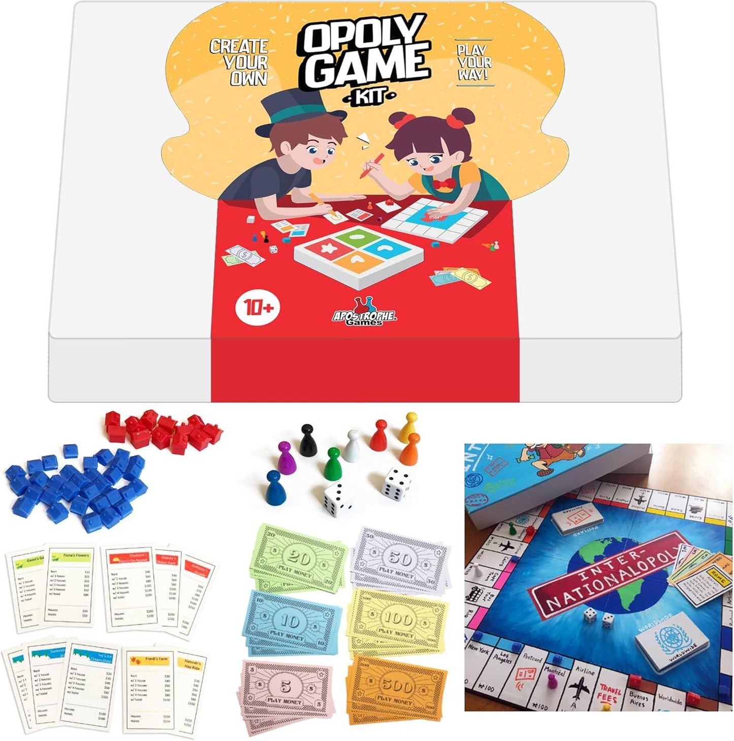 ボードゲーム Opolyボードゲーム DIYゲームキット Apostrophe Games 創造性無限カスタマイズ可能 オリジナルデザイン 日本語自由編集 家族友人集う特別時間 プレイマネー 空白プロパティカード スペシャルカード 