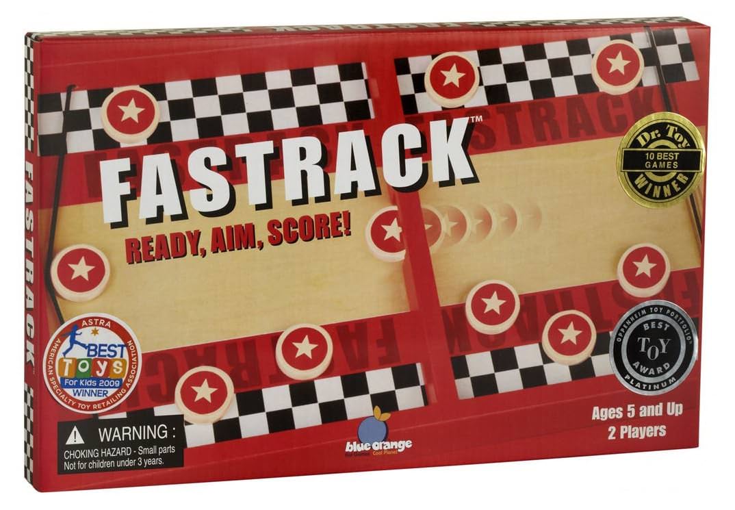 ボードゲーム Fasttrack ファストラック Blue Orange Games 木製 器用さ系 2人対戦専用 ディスクシューティング スピードゲーム 5歳以上 10分 ノンストップ スリル アクション ゴムバンド 10枚ディスク トラック 反射神経