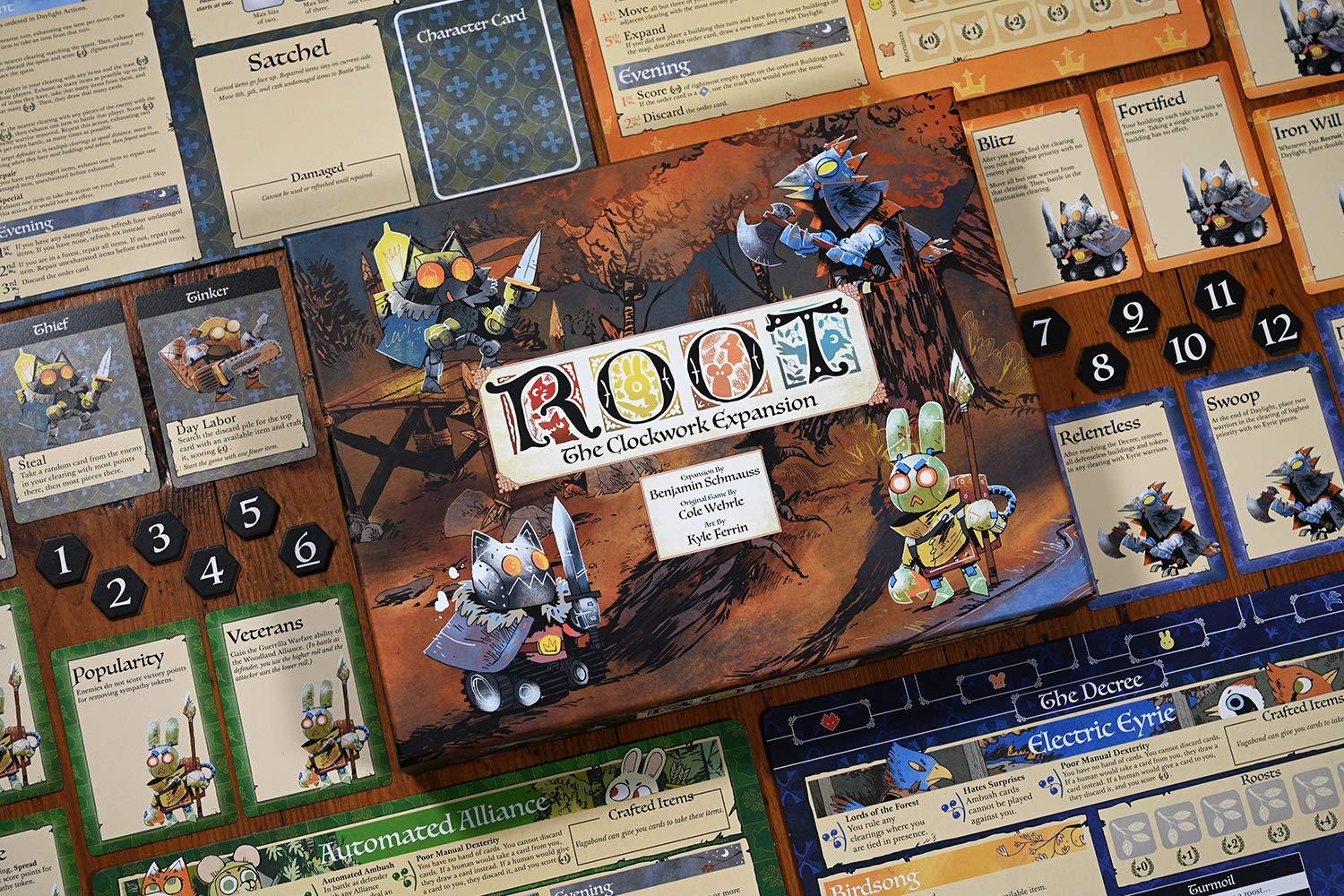 ボードゲーム Root The Clockwork Expansion Root ブランド Clockwork派閥 多彩な難易度設定 非対称デザイン 自動派閥対戦 AI搭載 ソロプレイ少人数対応 森の覇権争い 独自能力特性カード多数搭載 森林地帯舞台 