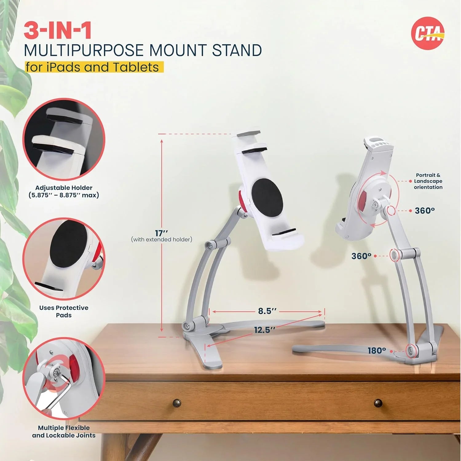 アウトレット品 キッチン 多機能2-in-1キッチンタブレットスタンド CTA Digital 幅6インチから8.75インチ対応 壁掛けと卓上両用 アルミニウム製 軽量 耐久性優れ コンパクト収納 360度回転ヘッドピース 調整可能設置場所選ばず 動画視聴
