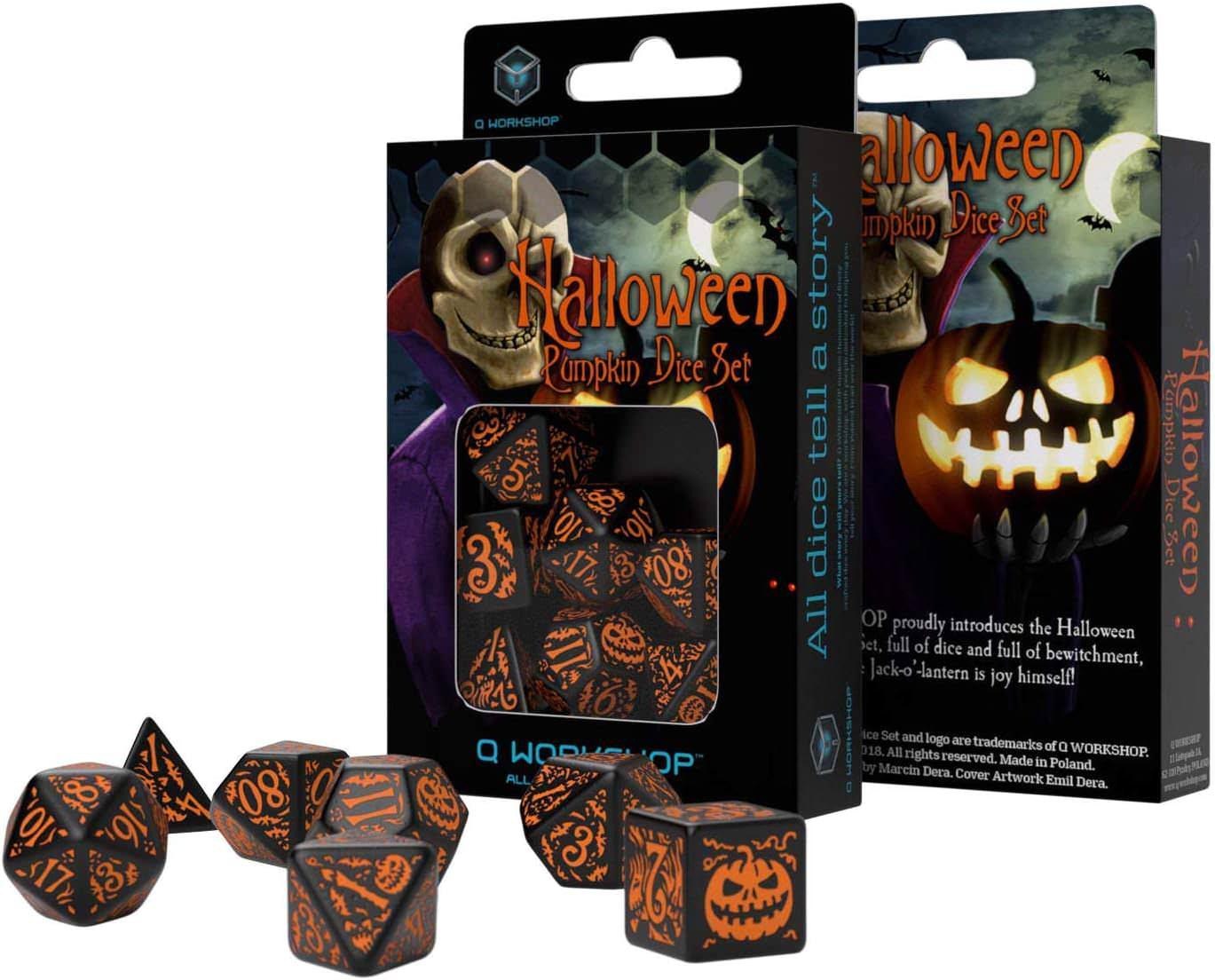 ダイスセット ハロウィン パンプキン ブラック オレンジ ダイスセット Q-Workshop 黒とオレンジの不気味なコントラスト 漆黒の表面に複雑なハロウィンモチーフ彫刻 RPGに最適な7種類多面体ダイス 完全セット 