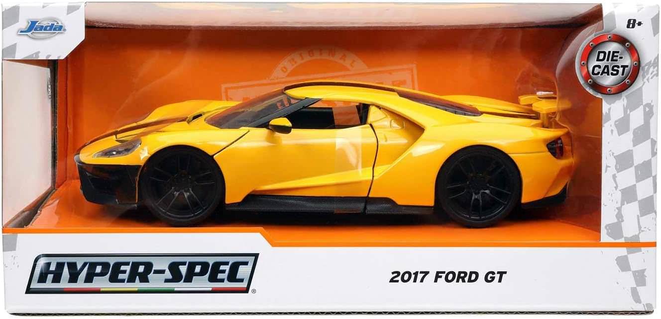 ミニカーフォード GT 2017モデル ハイパースペックシリーズ フォードレーシングカー DNA継承 鋭利デザイン 1 24スケール ダイキャストモデル 黄色ボディ ブラックストライプ 空力追求 エアインテーク ディフューザー 可変式リアウイング 647馬力