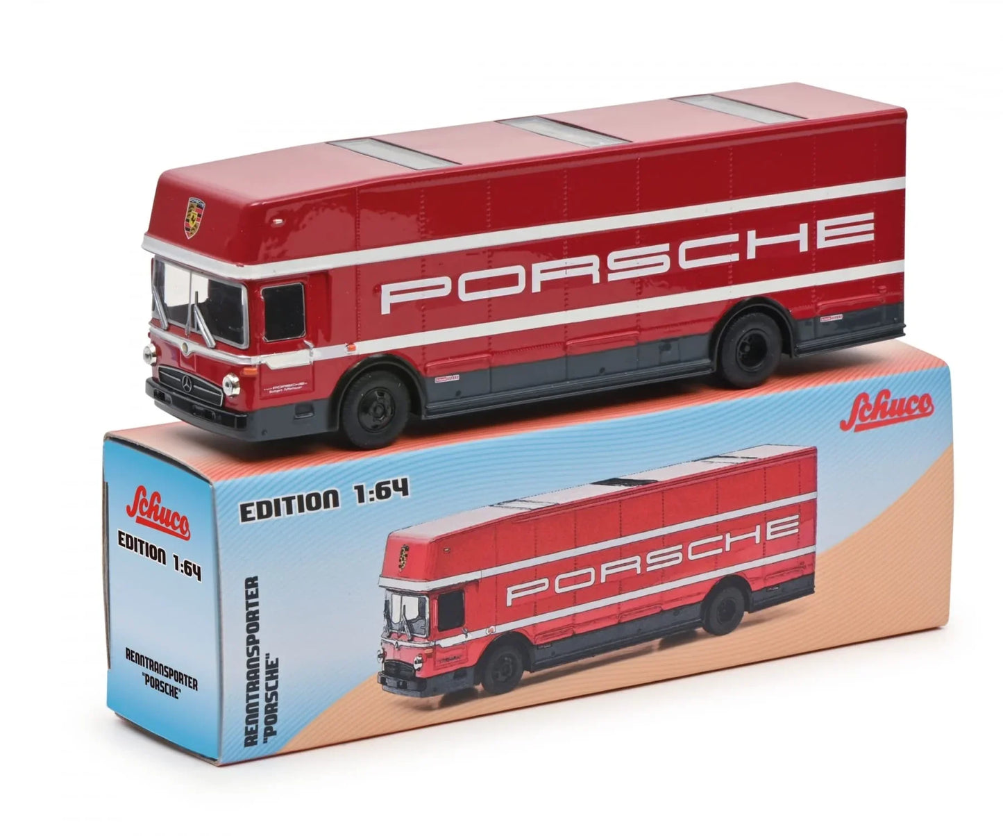 ミニカー Schuco メルセデスベンツ O317 ポルシェトランスポーター 1968 1/64 スケール 流線型フロントデザイン レーシングカラーボディ 大型リアカーゴスペース 黄金期モータースポーツ象徴的名車 高精細再現 コレクション向け 希少価値高い