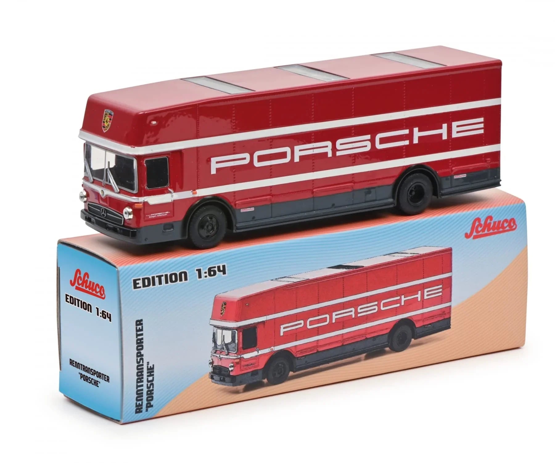ミニカー Schuco メルセデスベンツ O317 ポルシェトランスポーター 1968 1/64 スケール 流線型フロントデザイン レーシングカラーボディ 大型リアカーゴスペース 黄金期モータースポーツ象徴的名車 高精細再現 コレクション向け 希少価値高い