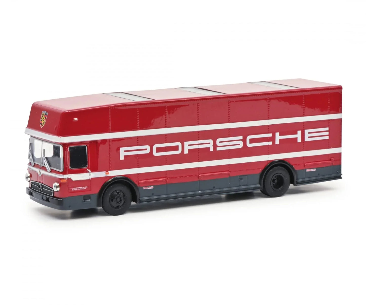 ミニカー Schuco メルセデスベンツ O317 ポルシェトランスポーター 1968 1/64 スケール 流線型フロントデザイン レーシングカラーボディ 大型リアカーゴスペース 黄金期モータースポーツ象徴的名車 高精細再現 コレクション向け 希少価値高い
