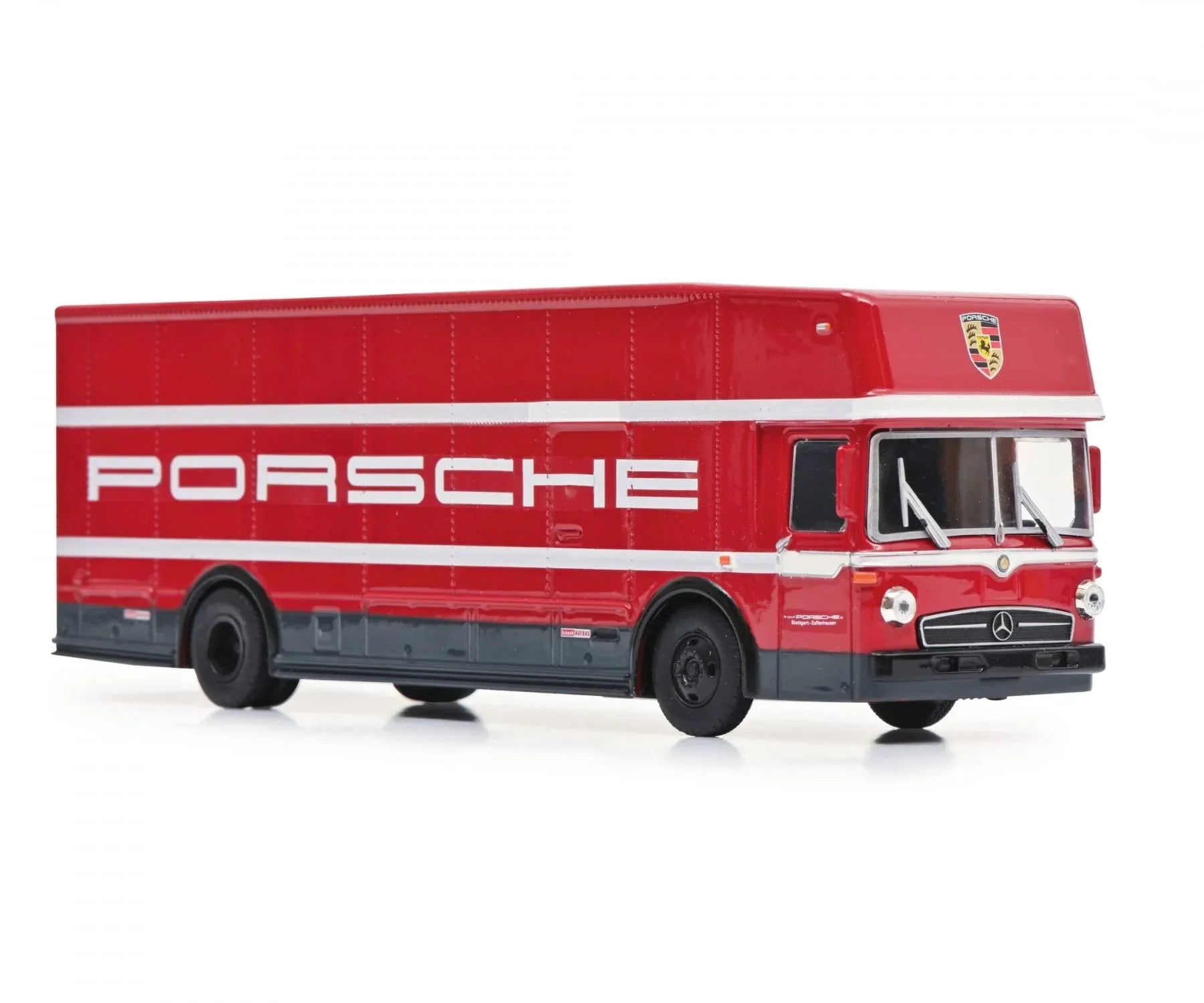 ミニカー Schuco メルセデスベンツ O317 ポルシェトランスポーター 1968 1/64 スケール 流線型フロントデザイン レーシングカラーボディ 大型リアカーゴスペース 黄金期モータースポーツ象徴的名車 高精細再現 コレクション向け 希少価値高い