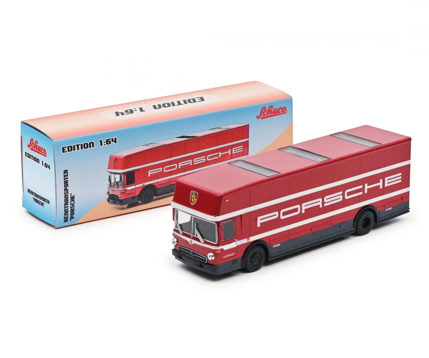 ミニカー Schuco メルセデスベンツ O317 ポルシェトランスポーター 1968 1/64 スケール 流線型フロントデザイン レーシングカラーボディ 大型リアカーゴスペース 黄金期モータースポーツ象徴的名車 高精細再現 コレクション向け 希少価値高い