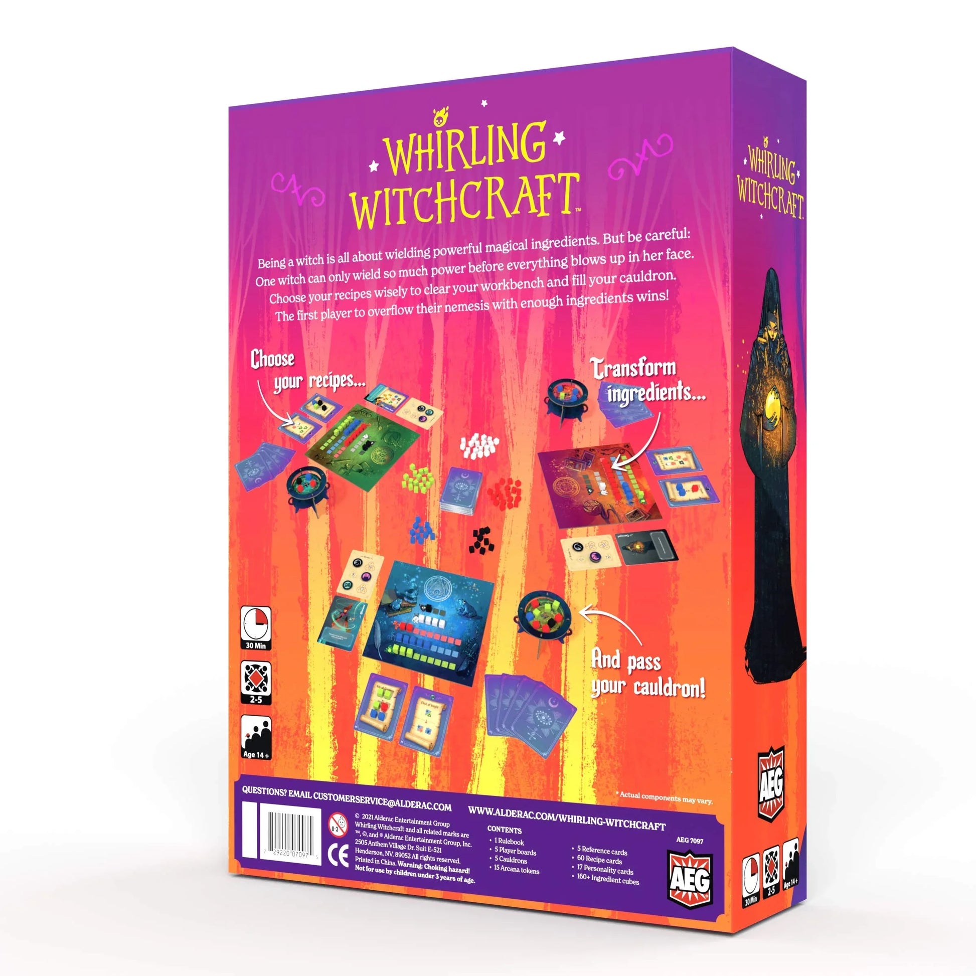 カードゲーム Whirling Witchcraft Alderac Entertainment Group 魔法の材料変換バトル 戦略的カードゲーム 2-5人用 プレイヤーボード 大釜 秘術トークン レシピカード 性格カード 多彩な材料キューブ イラストWeberson