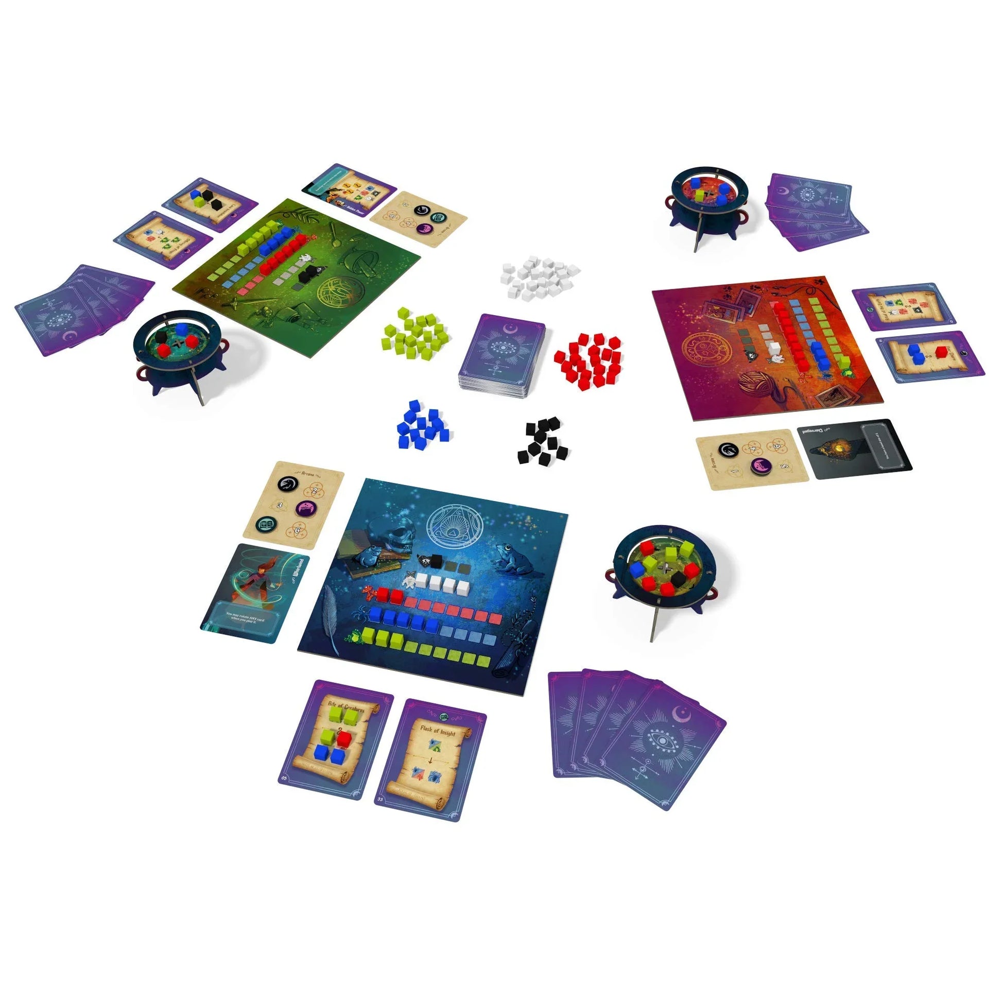 カードゲーム Whirling Witchcraft Alderac Entertainment Group 魔法の材料変換バトル 戦略的カードゲーム 2-5人用 プレイヤーボード 大釜 秘術トークン レシピカード 性格カード 多彩な材料キューブ イラストWeberson