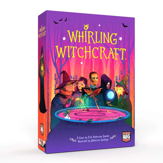 カードゲーム Whirling Witchcraft Alderac Entertainment Group 魔法の材料変換バトル 戦略的カードゲーム 2-5人用 プレイヤーボード 大釜 秘術トークン レシピカード 性格カード 多彩な材料キューブ イラストWeberson