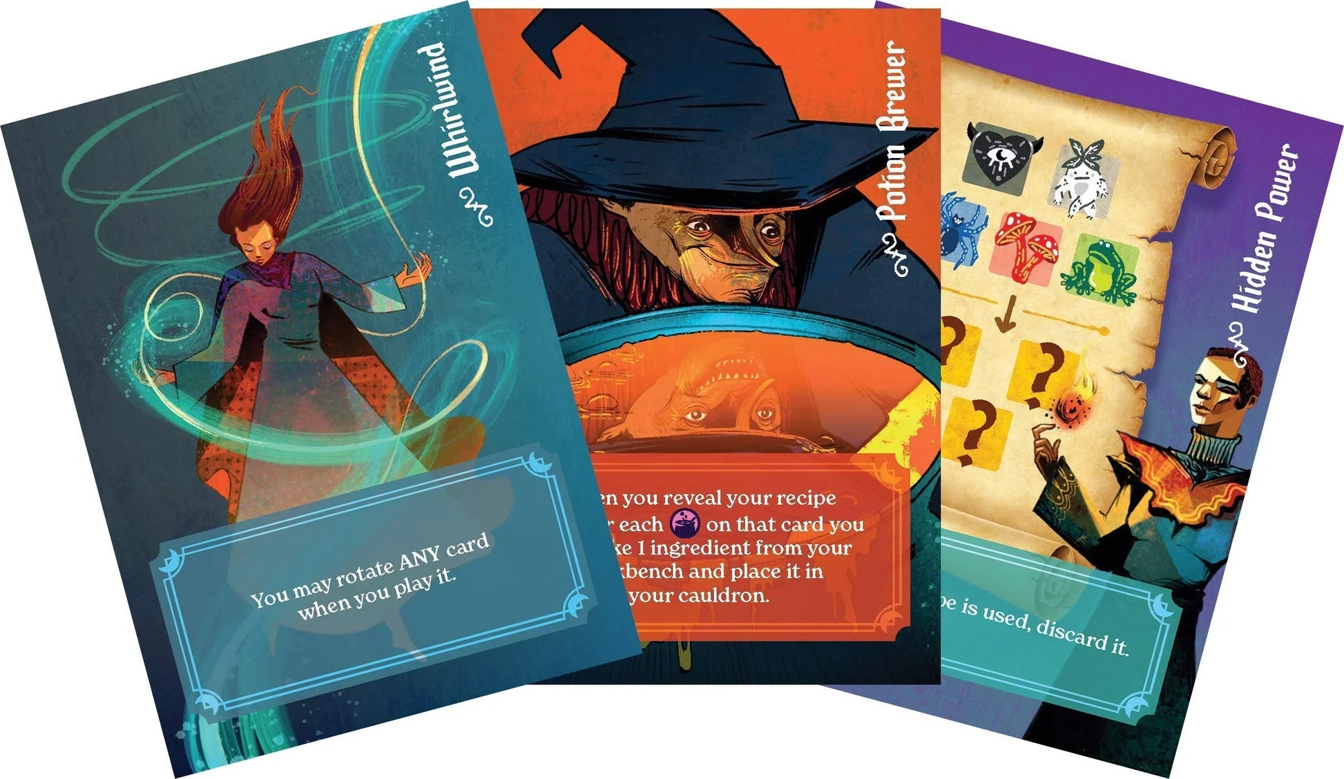 カードゲーム Whirling Witchcraft Alderac Entertainment Group 魔法の材料変換バトル 戦略的カードゲーム 2-5人用 プレイヤーボード 大釜 秘術トークン レシピカード 性格カード 多彩な材料キューブ イラストWeberson