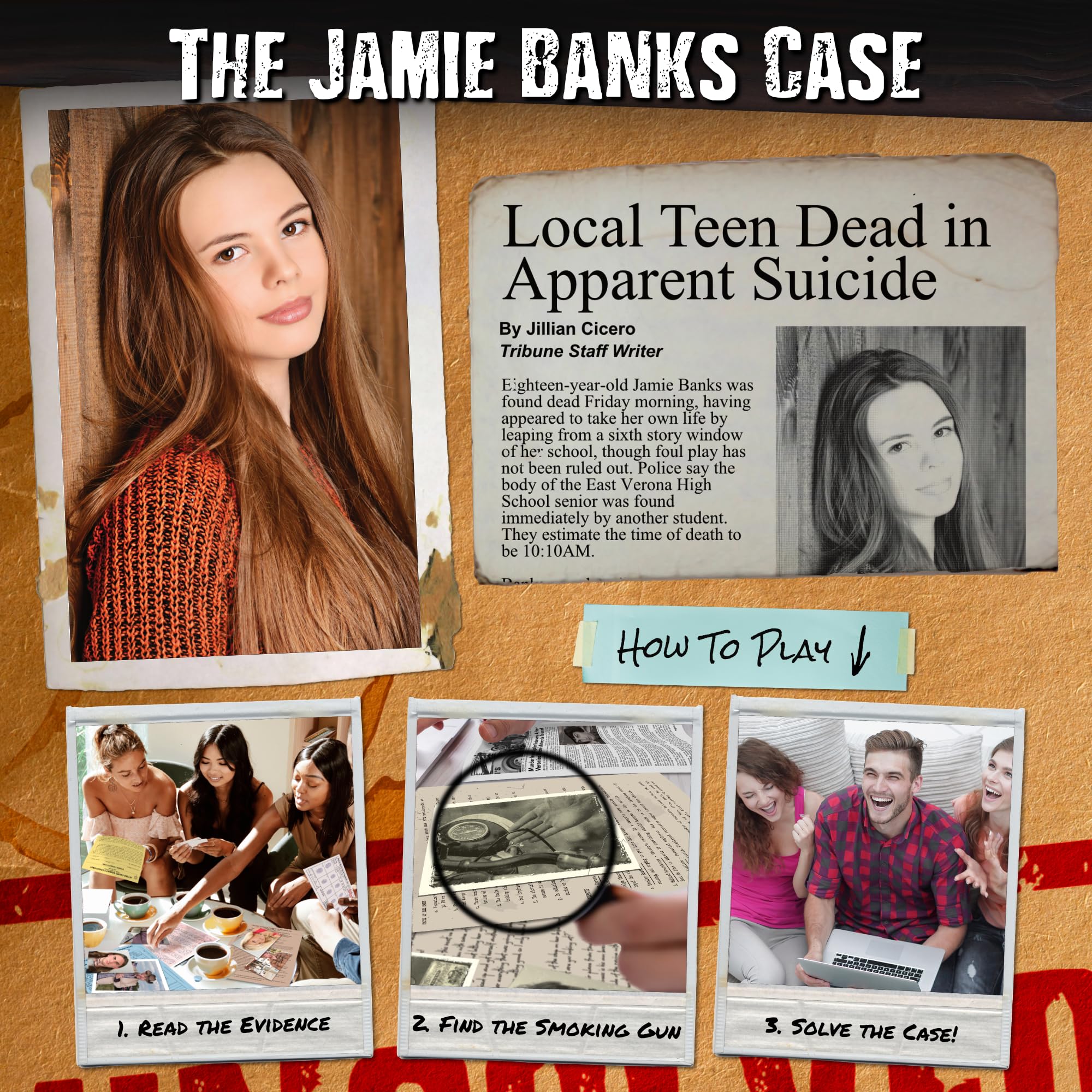 ボードゲーム 未解決殺人事件ファイル ジェイミー・バンクス Unsolved Case File 1992年11月20日ヴェローナ高校生殺害事件捜査調査能力試験50枚以上証拠写真 謎解きゲーム 複数容疑者アリバイ反証