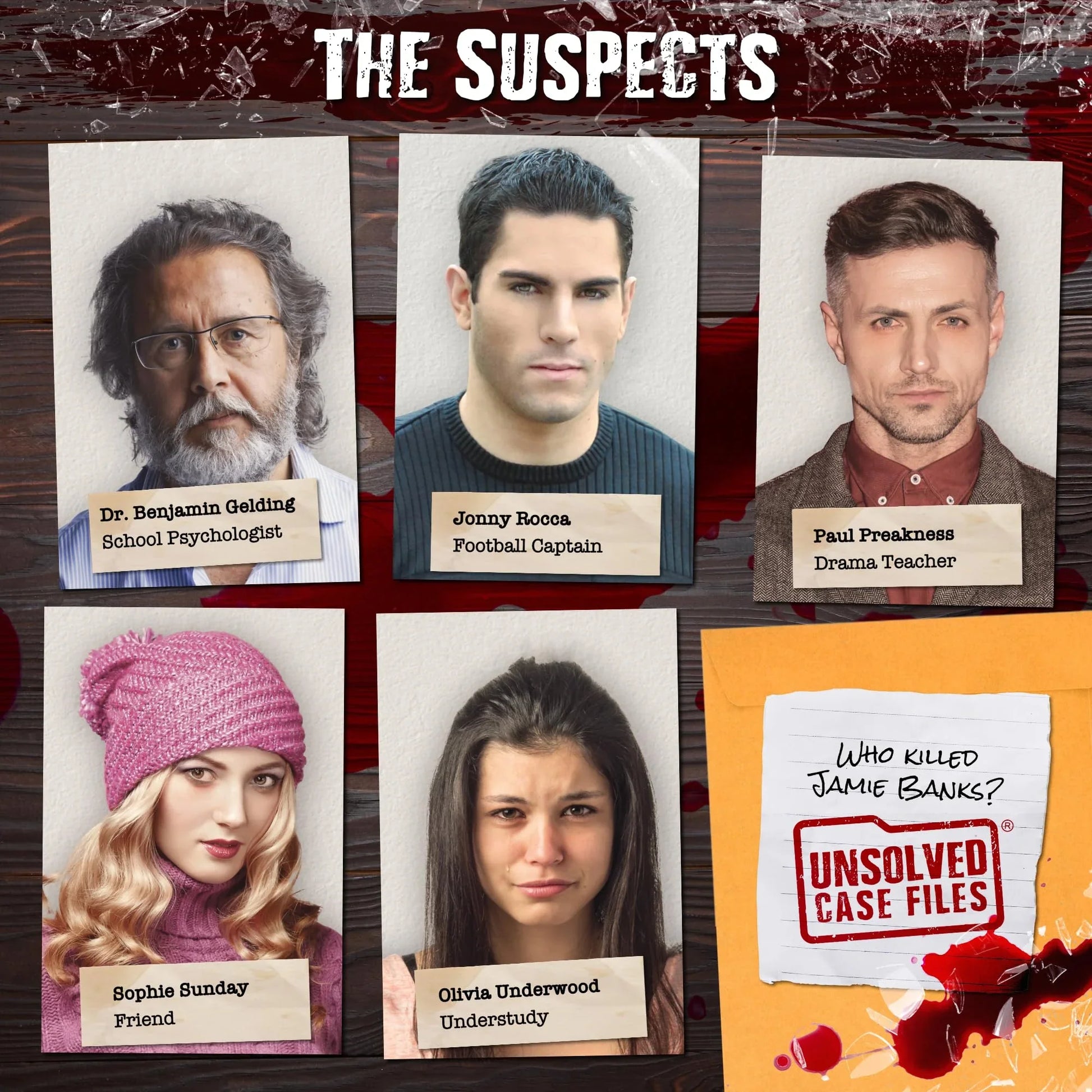 ボードゲーム 未解決殺人事件ファイル ジェイミー・バンクス Unsolved Case File 輸入版 日本語説明書なし 1992年11月20日ヴェローナ高校生殺害事件捜査調査能力試験50枚以上証拠写真 謎解きゲーム 複数容疑者アリバイ反証 英語版 日本語説明書なし