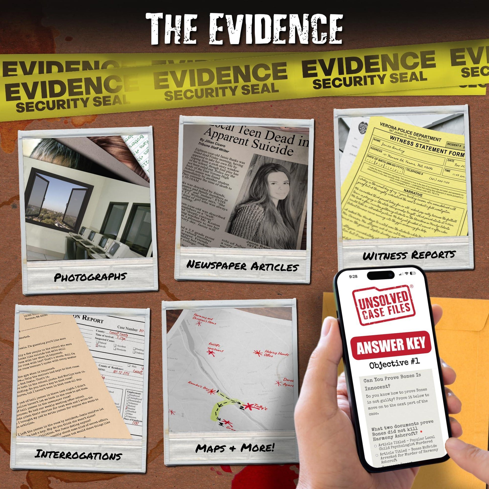ボードゲーム 未解決殺人事件ファイル ジェイミー・バンクス Unsolved Case File 輸入版 日本語説明書なし 1992年11月20日ヴェローナ高校生殺害事件捜査調査能力試験50枚以上証拠写真 謎解きゲーム 複数容疑者アリバイ反証 英語版 日本語説明書なし