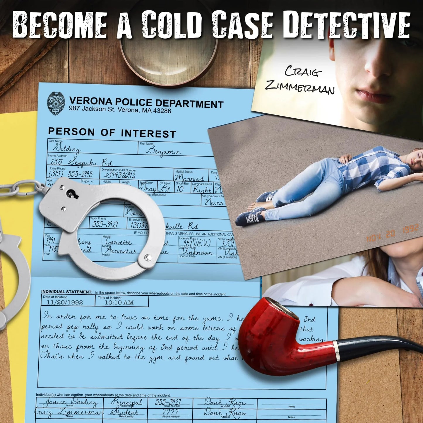 ボードゲーム 未解決殺人事件ファイル ジェイミー・バンクス Unsolved Case File 輸入版 日本語説明書なし 1992年11月20日ヴェローナ高校生殺害事件捜査調査能力試験50枚以上証拠写真 謎解きゲーム 複数容疑者アリバイ反証 英語版 日本語説明書なし