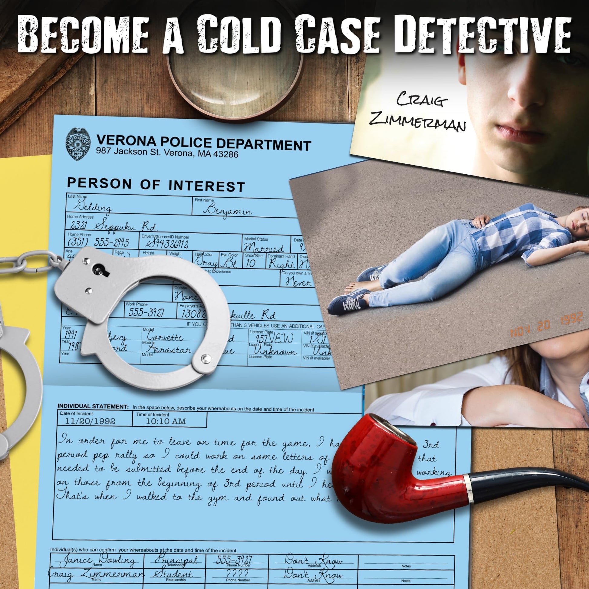 ボードゲーム 未解決殺人事件ファイル ジェイミー・バンクス Unsolved Case File 1992年11月20日ヴェローナ高校生殺害事件捜査調査能力試験50枚以上証拠写真 謎解きゲーム 複数容疑者アリバイ反証