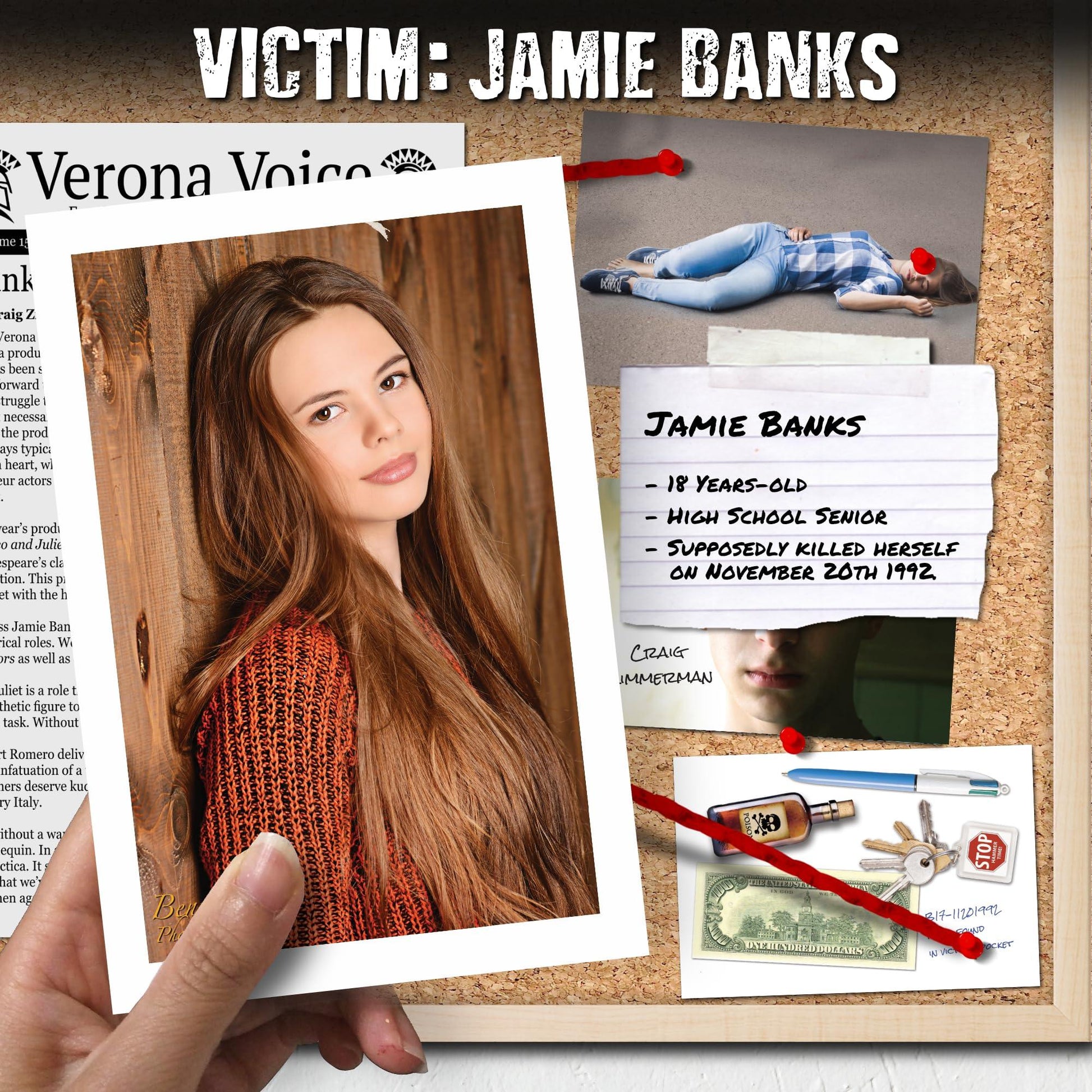 ボードゲーム 未解決殺人事件ファイル ジェイミー・バンクス Unsolved Case File 輸入版 日本語説明書なし 1992年11月20日ヴェローナ高校生殺害事件捜査調査能力試験50枚以上証拠写真 謎解きゲーム 複数容疑者アリバイ反証 英語版 日本語説明書なし