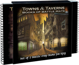 Towns & Taverns Books of Battle Mats の2冊を並べた写真。表紙には夕暮れの路地と「THE BOAR」「INN ALES BEER」の看板が描かれ、リング綴じの背が見える