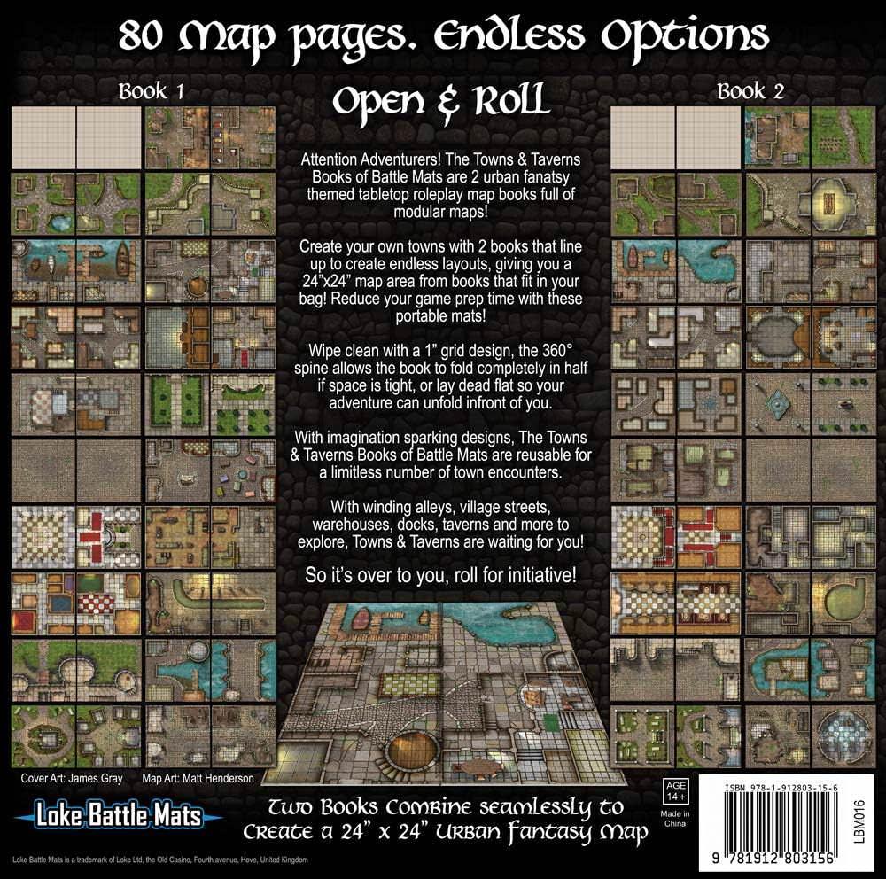 ボードゲームアクセサリー Towns & Taverns Books of Battle Mats Loke Battlemats 都市ファンタジー RPGバトルマップ集 高耐久ハードカバー仕様 24インチ×24インチ大判サイズ 40ページモジュール式２冊セット英語版 日本語説明書なし