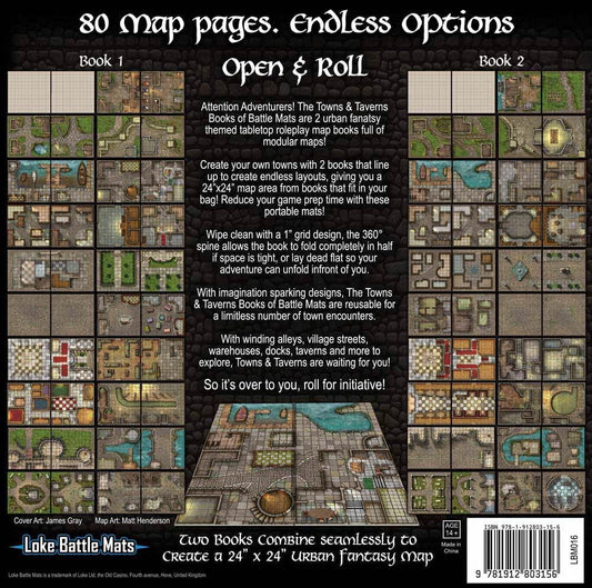 ボードゲームアクセサリー Towns & Taverns Books of Battle Mats Loke Battlemats 都市ファンタジー RPGバトルマップ集 高耐久ハードカバー仕様 24インチ×24インチ大判サイズ 40ページモジュール式２冊セット英語版 日本語説明書なし