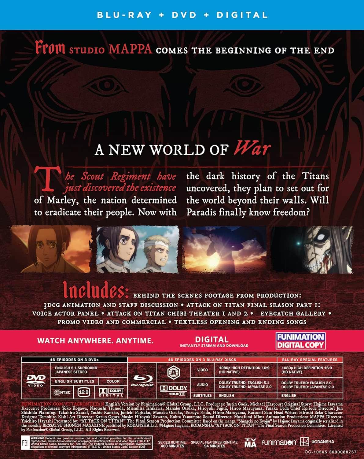 Blu-ray DVDコンボパック 進撃の巨人 The Final Season Part 1 謎の巨人の真実解明 壮大な物語 新章開幕 パラディ島とマーレイ対立 高画質高音質 3枚Blu-ray 3枚DVD 計6枚 收藏版  DVD
