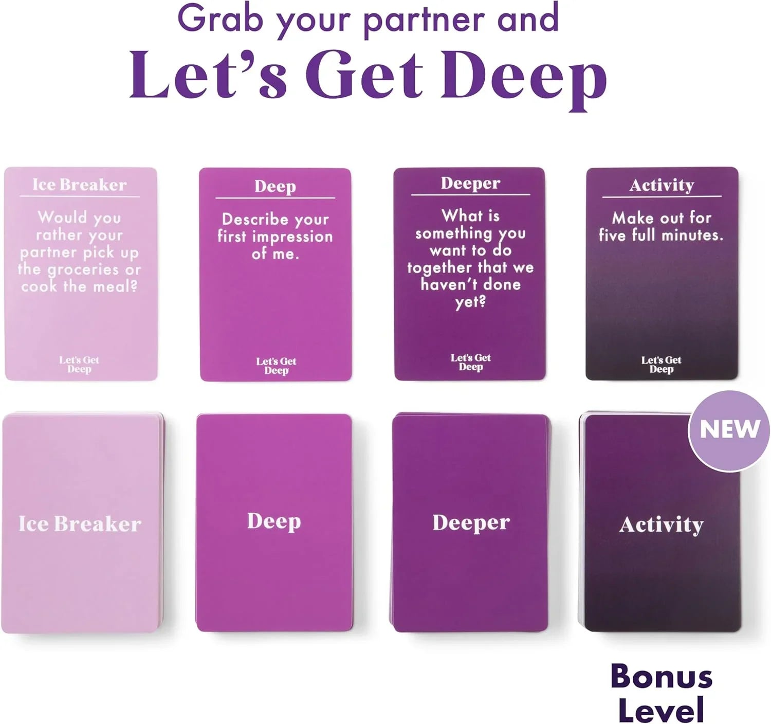 カードゲーム Let's Get Deep ブランド オリジナル 3つのレベルの質問カード 合計400枚で深まる絆と会話 パートナーシップ促進 男女兼用 デートナイト向けコミュニケーションツール 英語学習も楽しめる 17歳以上向け 
