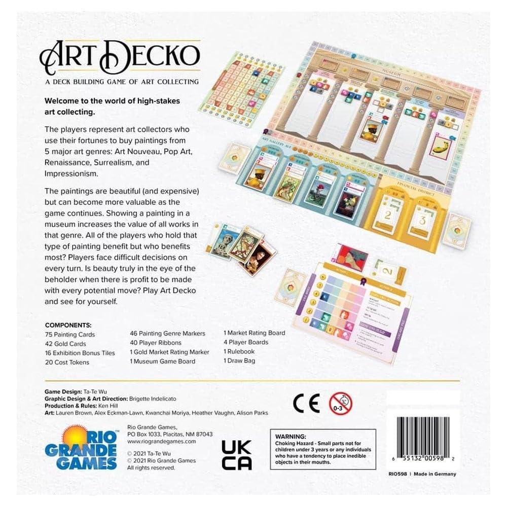 ボードゲーム Art Decko 美術品コレクション Rio Grande Games 戦略的デッキ構築 5つの美術様式 オリジナルアート15点 市場評価変動 モジュール式ボーナス プレイヤー能力非対称 45分から60分 2人から4人対応 14歳以上対象 
