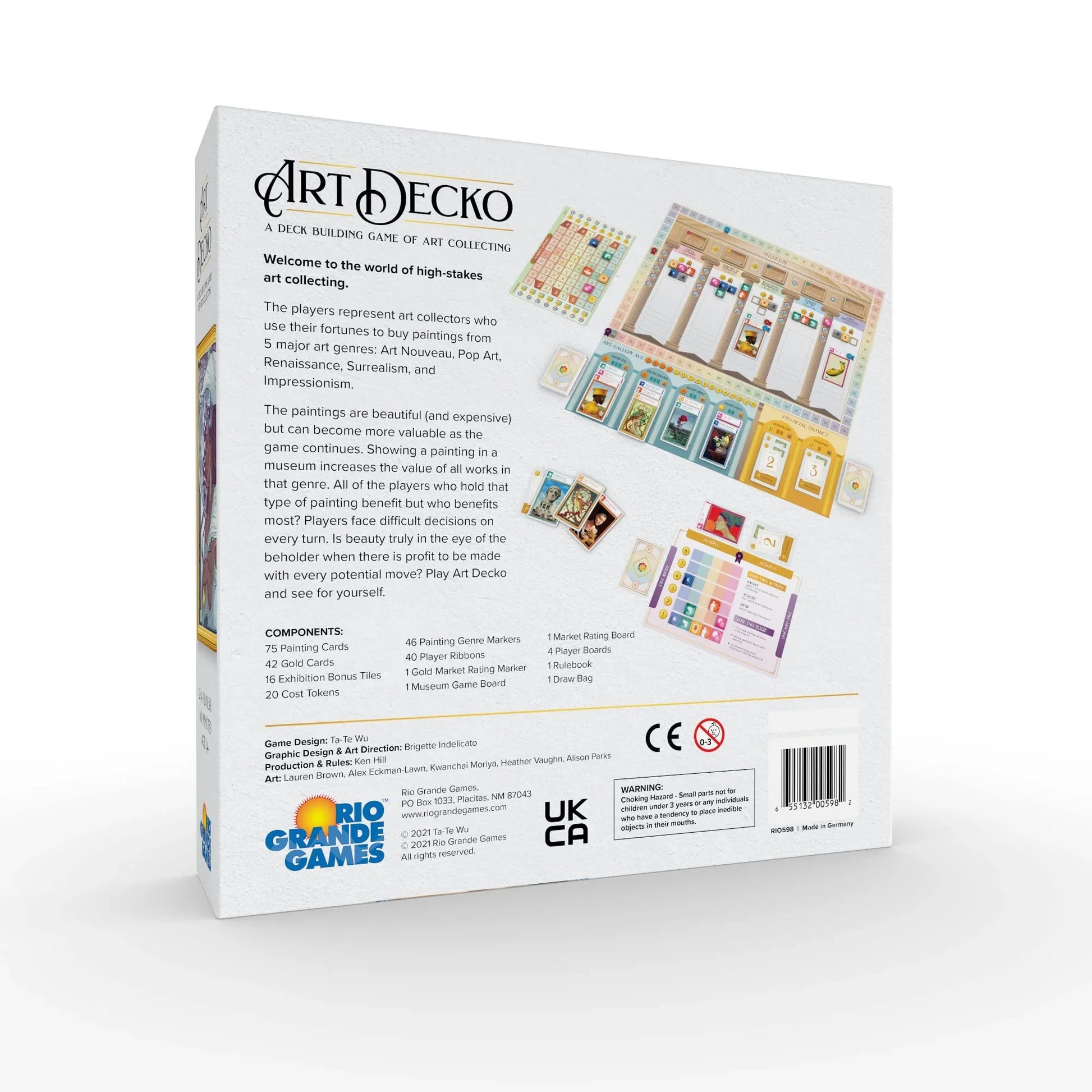 ボードゲーム Art Decko 美術品コレクション Rio Grande Games 戦略的デッキ構築 5つの美術様式 オリジナルアート15点 市場評価変動 モジュール式ボーナス プレイヤー能力非対称 45分から60分 2人から4人対応 14歳以上対象 