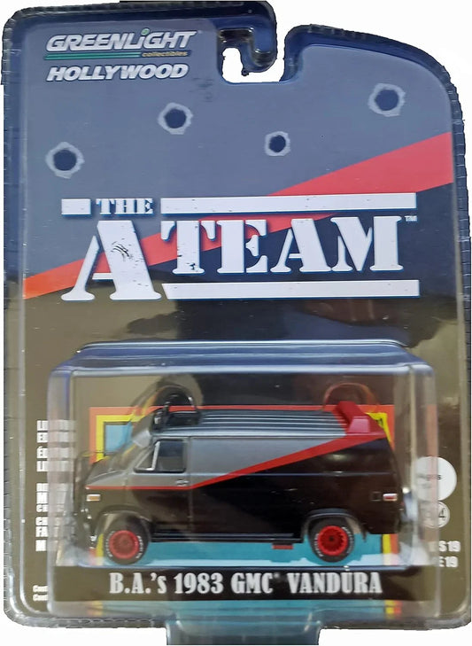 ミニカー GMCバンデューラ 1983 グリーンライト 特攻野郎Aチーム 1/64スケール ブラックグレー ツートンカラー レッドストライプ クロームアクセント フロントグリルフォグランプ ルーフスポイラー リアルラバータイヤ フロントバンパーガード