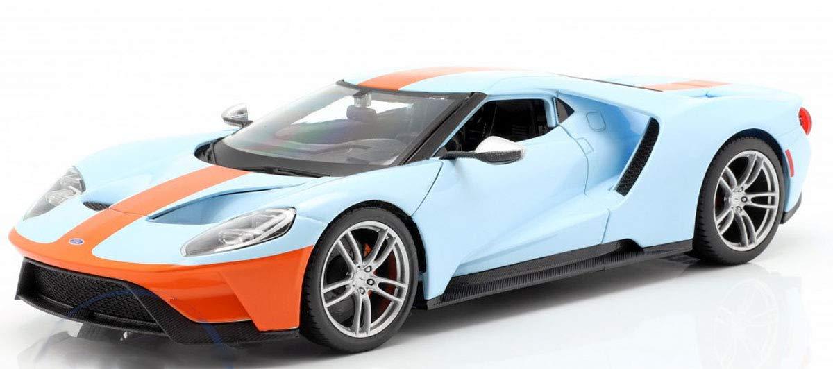 ミニカー フォードGT 2017年新世代フォードGT 1/18スケール ダイキャストモデルカー ビトリーヌ飾り用 精密造形 ツートンブルーオレンジ レーシングテールランプ カーボンモノコック再現 アクティブリアウイング搭載