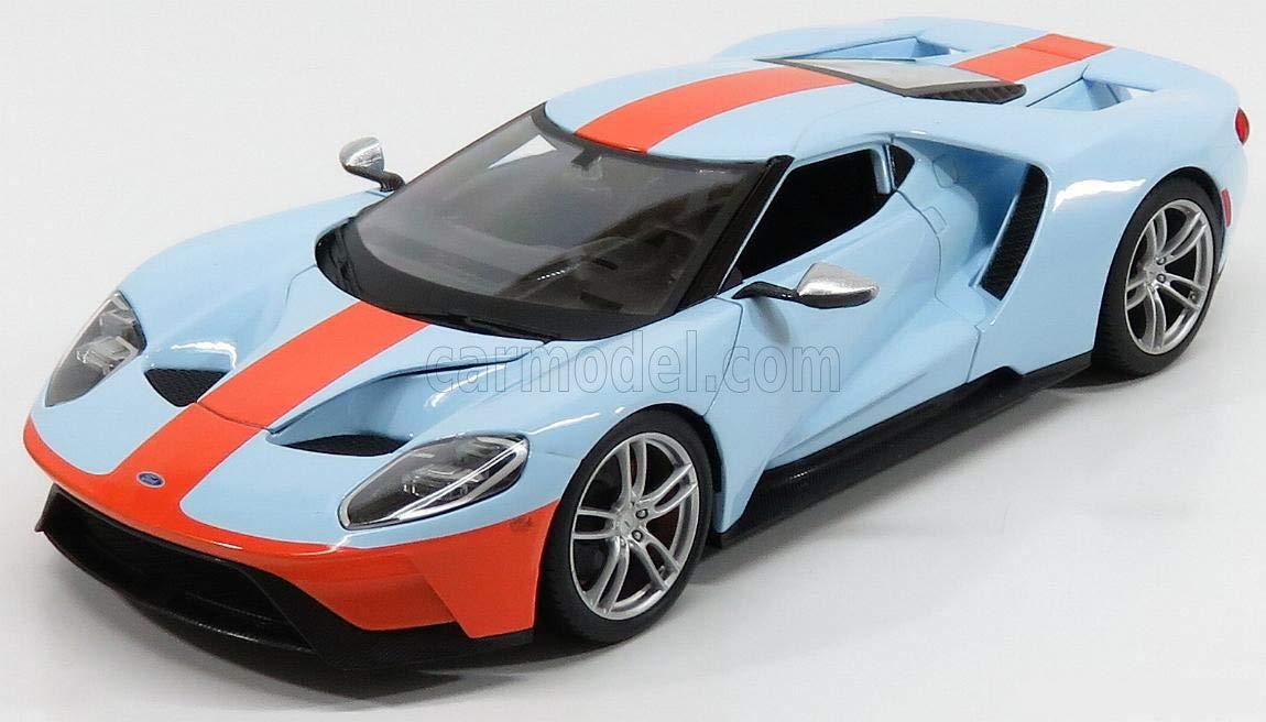 ミニカー フォードGT 2017年新世代フォードGT 1/18スケール ダイキャストモデルカー ビトリーヌ飾り用 精密造形 ツートンブルーオレンジ レーシングテールランプ カーボンモノコック再現 アクティブリアウイング搭載