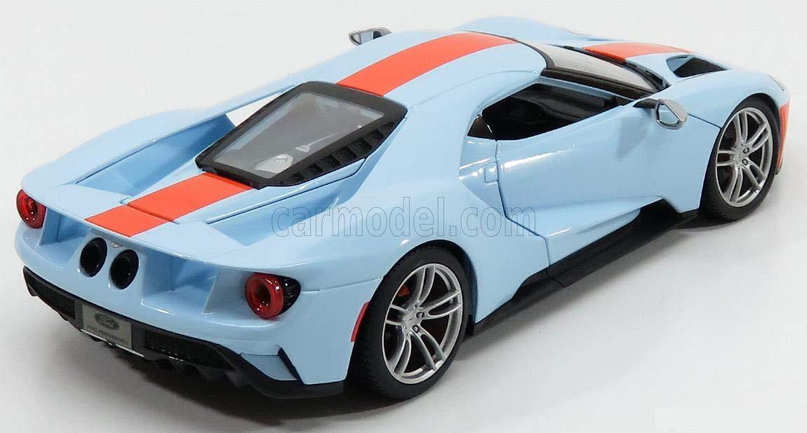 ミニカー フォードGT 2017年新世代フォードGT 1/18スケール ダイキャストモデルカー ビトリーヌ飾り用 精密造形 ツートンブルーオレンジ レーシングテールランプ カーボンモノコック再現 アクティブリアウイング搭載
