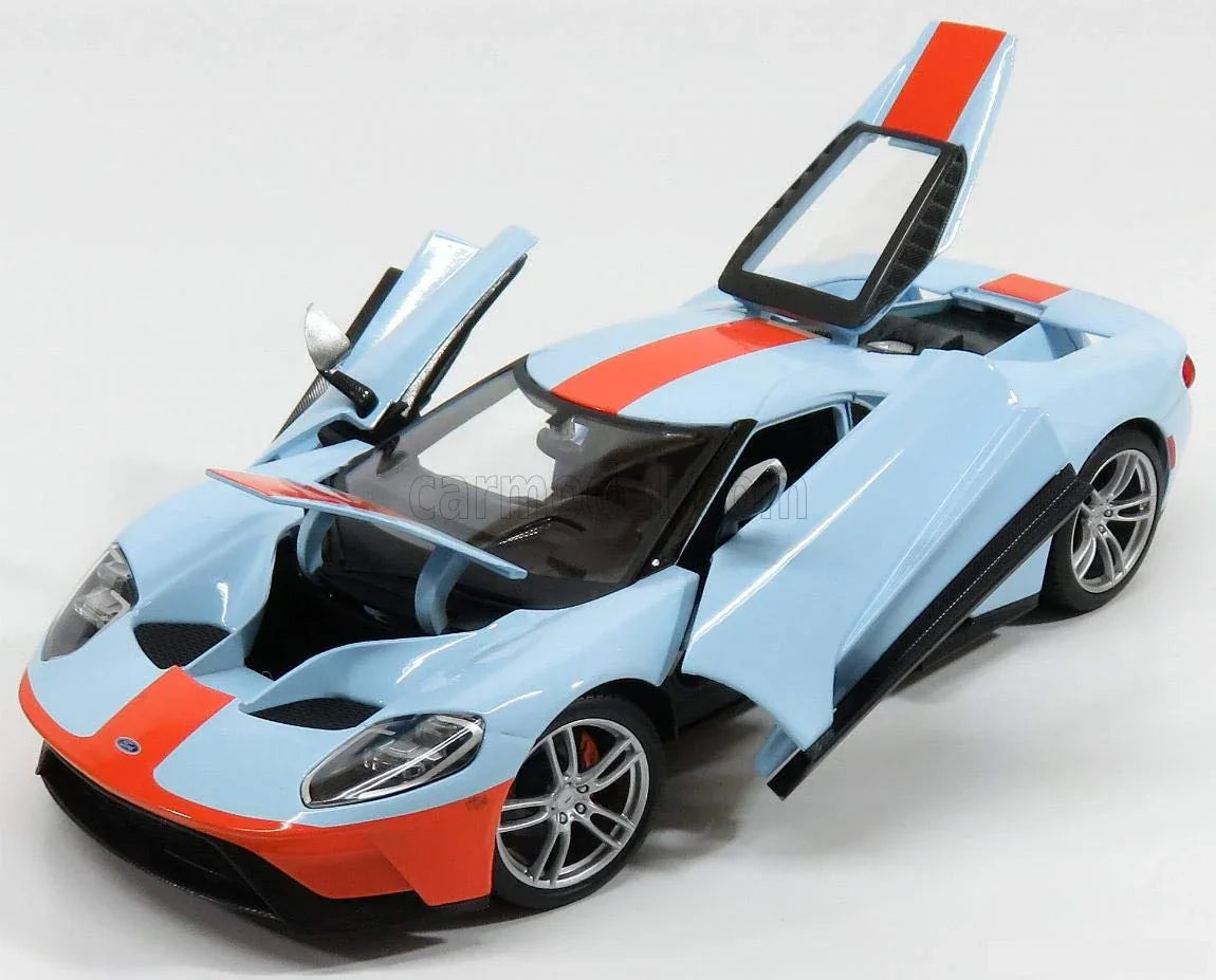 ミニカー フォードGT 2017年新世代フォードGT 1/18スケール ダイキャストモデルカー ビトリーヌ飾り用 精密造形 ツートンブルーオレンジ レーシングテールランプ カーボンモノコック再現 アクティブリアウイング搭載