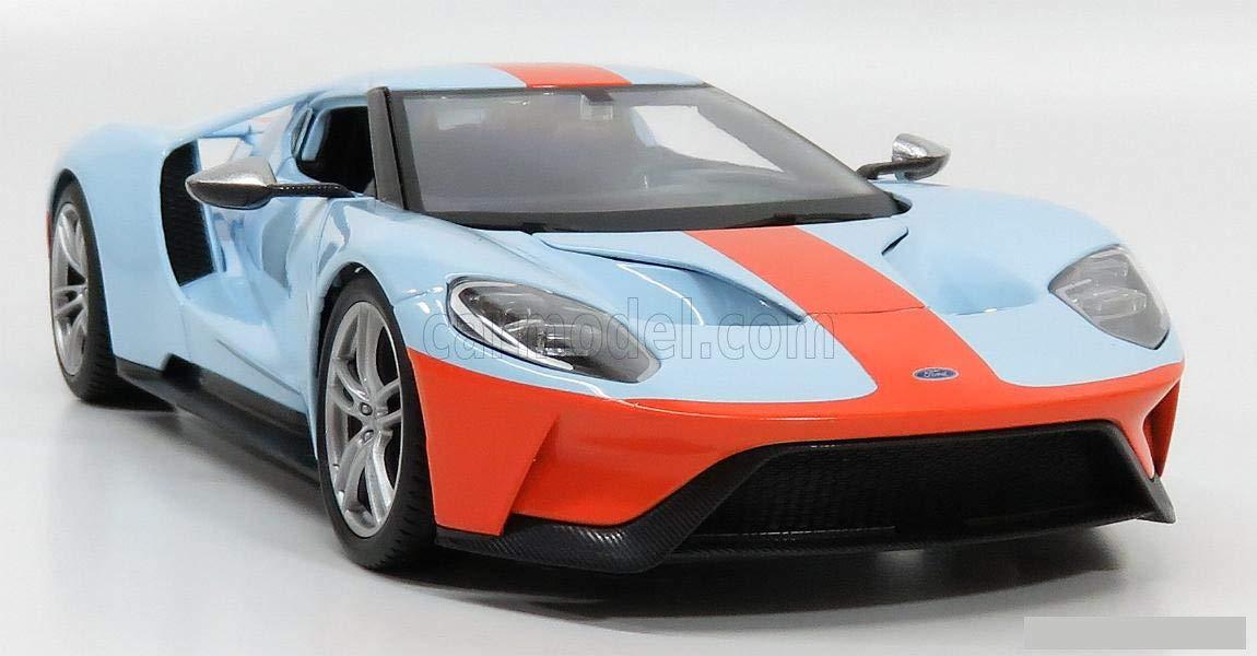 ミニカー フォードGT 2017年新世代フォードGT 1/18スケール ダイキャストモデルカー ビトリーヌ飾り用 精密造形 ツートンブルーオレンジ レーシングテールランプ カーボンモノコック再現 アクティブリアウイング搭載