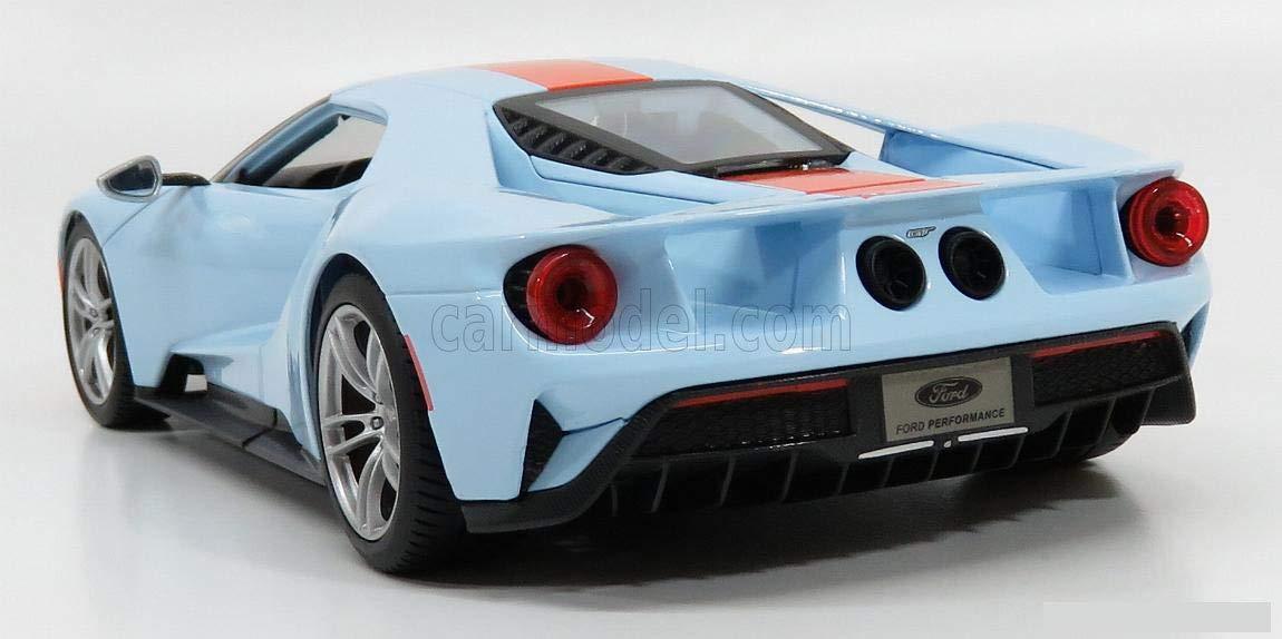 ミニカー フォードGT 2017年新世代フォードGT 1/18スケール ダイキャストモデルカー ビトリーヌ飾り用 精密造形 ツートンブルーオレンジ レーシングテールランプ カーボンモノコック再現 アクティブリアウイング搭載