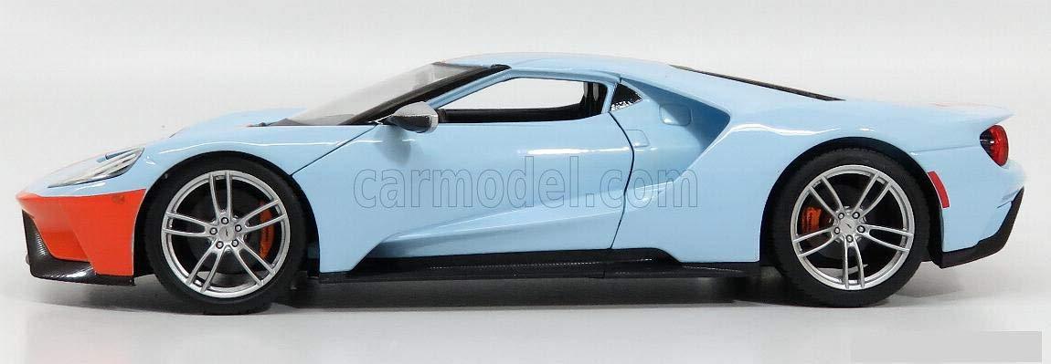 ミニカー フォードGT 2017年新世代フォードGT 1/18スケール ダイキャストモデルカー ビトリーヌ飾り用 精密造形 ツートンブルーオレンジ レーシングテールランプ カーボンモノコック再現 アクティブリアウイング搭載