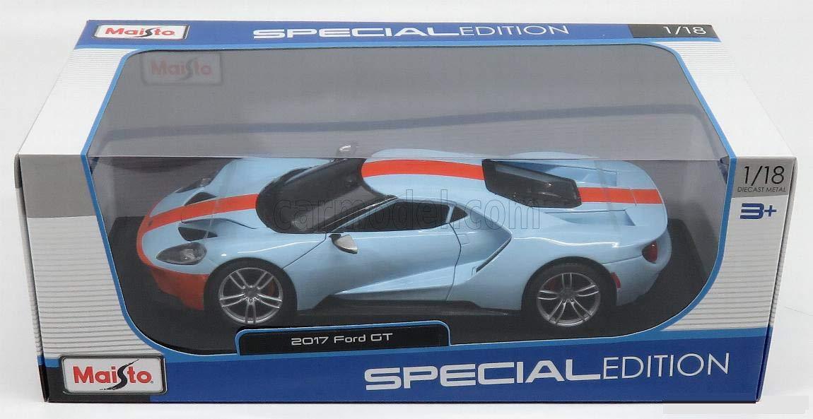 ミニカー フォードGT 2017年新世代フォードGT 1/18スケール ダイキャストモデルカー ビトリーヌ飾り用 精密造形 ツートンブルーオレンジ レーシングテールランプ カーボンモノコック再現 アクティブリアウイング搭載