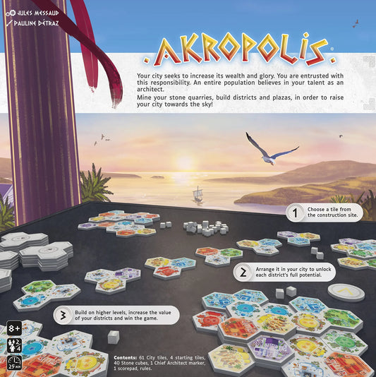 ボードゲーム 古代ギリシャの都市建設戦略ゲーム Akropolis アクロポリス Tric Trac Bronze 2022受賞 Cannes International Games Festival 2023ベストゲーム 住宅 市場 寺院 兵舎 