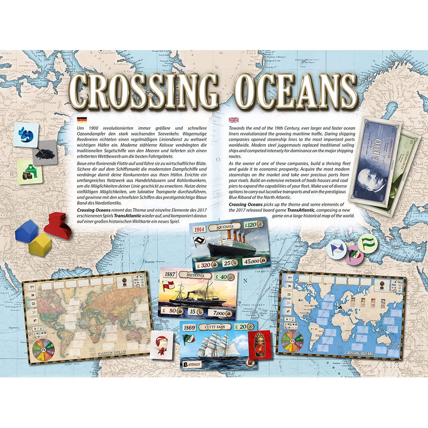 ボードゲーム Crossing Oceans Rio Grande Games 19世紀海運会社オーナー戦略艦隊構築北大西洋貿易ネットワーク拡大蒸気船獲得経済戦略航海融合60-90分プレイ