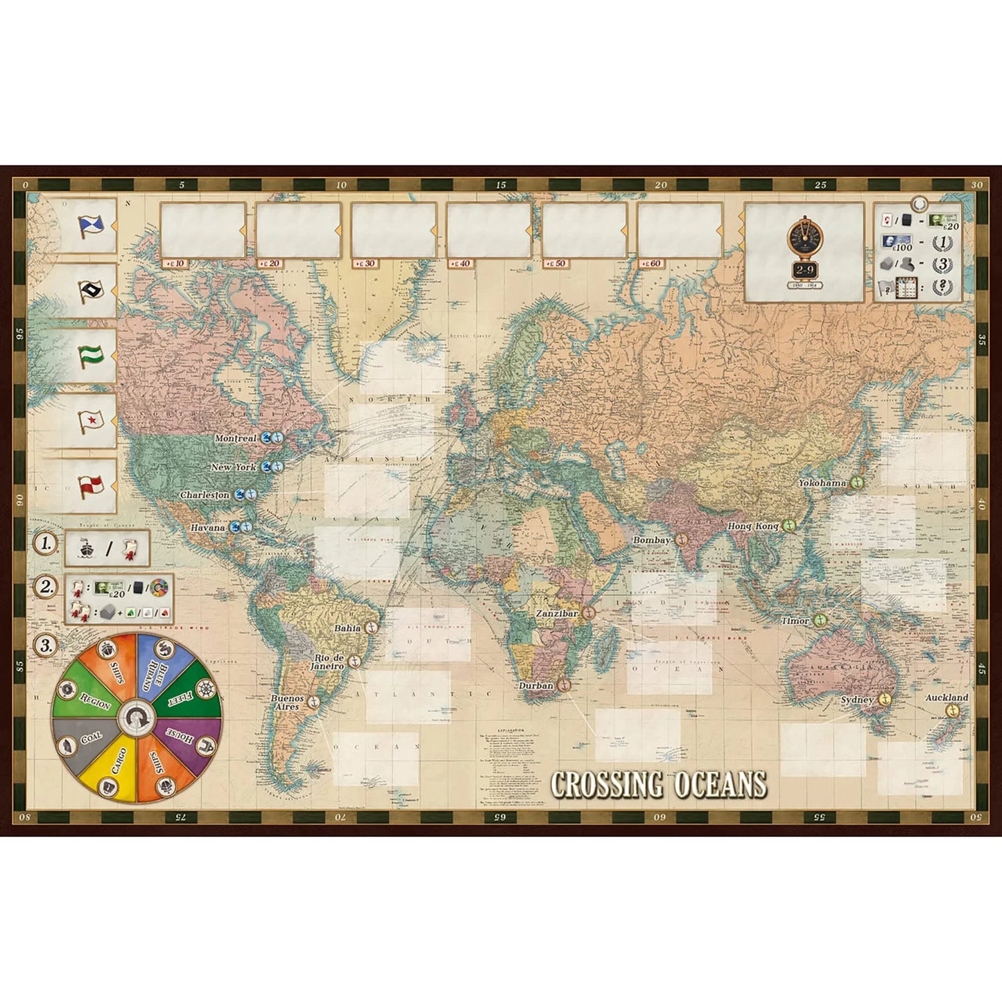 ボードゲーム Crossing Oceans Rio Grande Games 19世紀海運会社オーナー戦略艦隊構築北大西洋貿易ネットワーク拡大蒸気船獲得経済戦略航海融合60-90分プレイ