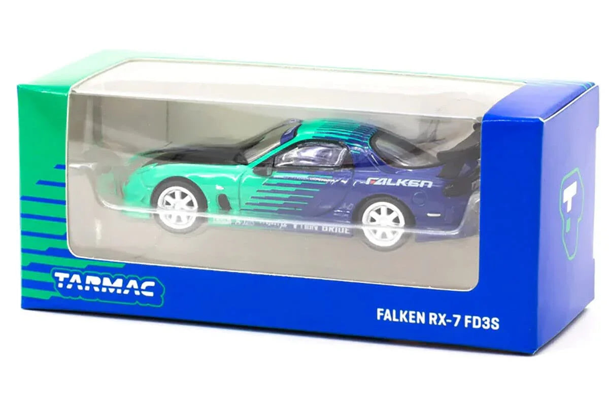 ミニカー マツダRX-7 FD-3Sファルケン レーシングカラー 1/64スケールTarmac Works社モデル スポンサーロゴ再現 エアロパーツ精密再現 ディスプレイ最適 コレクター向け JDMファン必携 レース仕様ボディキット搭載 軽量コンパクト卓越ハンドリング性能