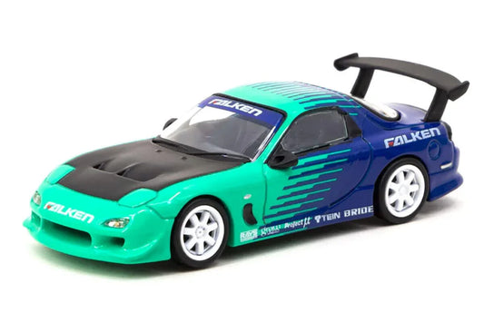 ミニカー マツダRX-7 FD-3Sファルケン レーシングカラー 1/64スケールTarmac Works社モデル スポンサーロゴ再現 エアロパーツ精密再現 ディスプレイ最適 コレクター向け JDMファン必携 レース仕様ボディキット搭載 軽量コンパクト卓越ハンドリング性能