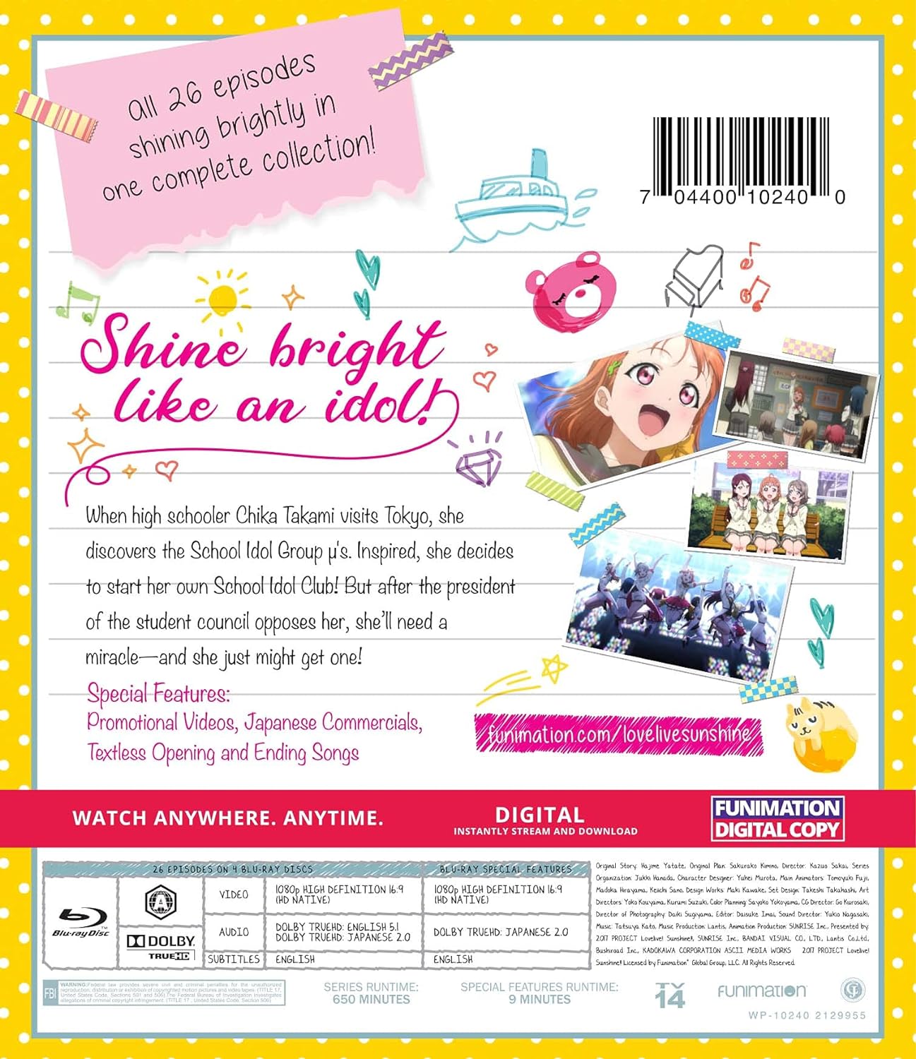 アニメ ブルーレイ Love Live Sunshine The Complete Series Aqours スクールアイドル アニメーション 静岡県沼津市内浦舞台 高画質1080p HD 鮮明映像4枚組 全26話 TV14レーティング特典映像付き 北米輸入版 Blu-ray