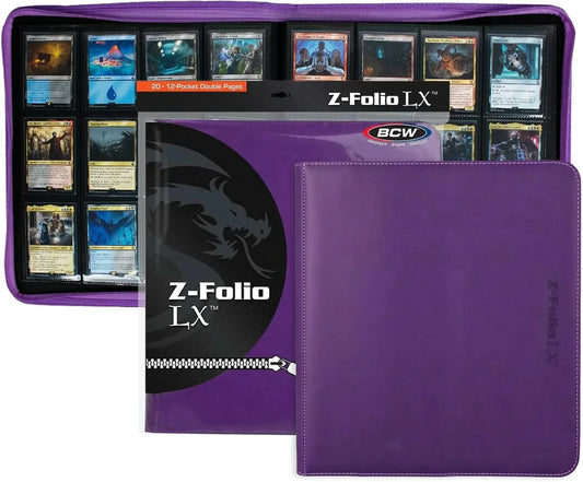 カードアルバム Z-Folio 12ポケットLXアルバム パープル Z-Folio 高品質レザーレット素材 両面20ページ 最大480枚収納 アーカイブ安全性 ポリプロピレン製 PVC不使用 ジッパー付きサイドローディング式 握りやすいステッチ 紫色デザイン