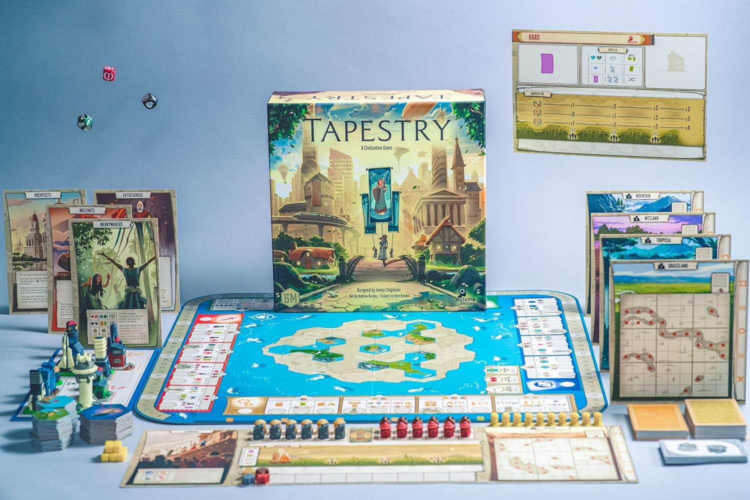 ボードゲーム Tapestry タペストリー Stonemaier Games 文明構築 歴史ゲーム 4つの進歩トラック 軍事 科学 探検 テクノロジー 資源 管理 戦略的 発展 栄光の文明 創造 コマ 配置 フィギュア ランドマーク コンポーネント