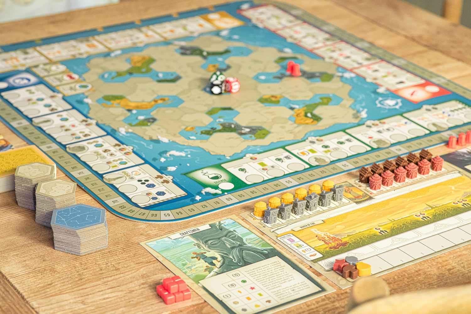 ボードゲーム Tapestry タペストリー Stonemaier Games 文明構築 歴史ゲーム 4つの進歩トラック 軍事 科学 探検 テクノロジー 資源 管理 戦略的 発展 栄光の文明 創造 コマ 配置 フィギュア ランドマーク コンポーネント