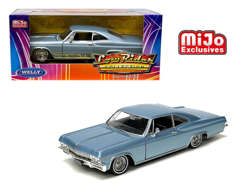 ミニカーミニカー 1965年式シボレーインパラSS396 WELLY 限定モデル Mijo コラボ ダイキャスト製 124スケール ライトブルーボディ クロームパーツ ワイヤースポーク ホイール ローライダースタイル 高性能V8エンジン搭載 アメ車ファン向け