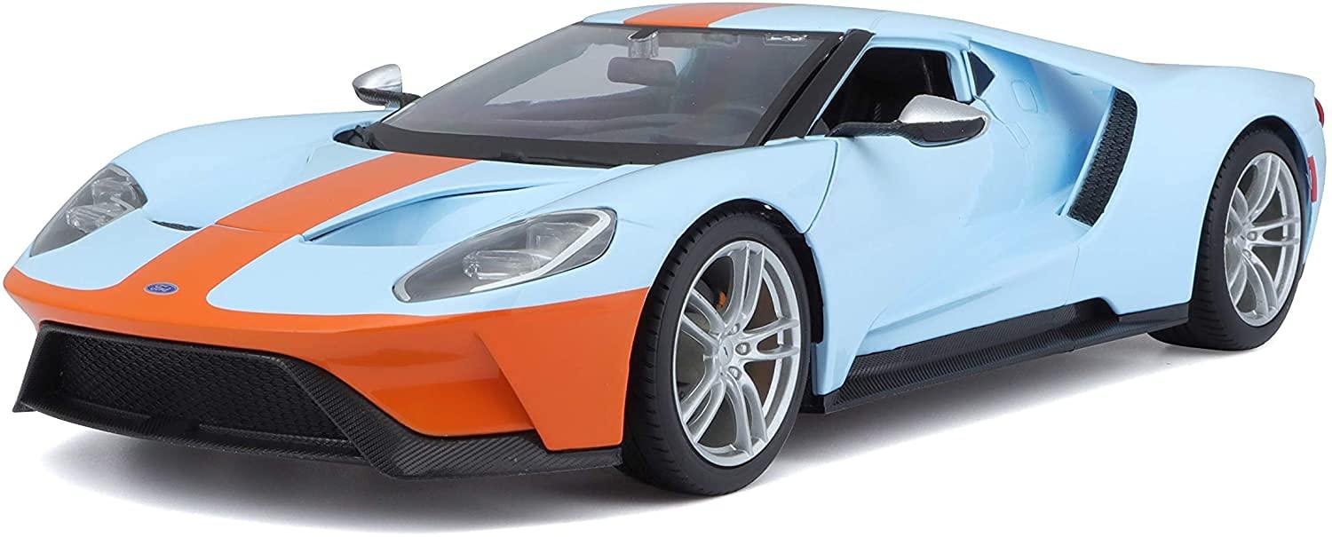 ダイキャストモデルカー Maisto フォードGT 2017モデル 1/18スケール 精密再現 レーシングカー ブルーオレンジボディ アクティブスポイラー可変式リアウイング セラミックブレーキ 20インチホイール搭載