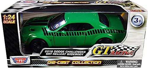 アウトレット品 ミニカー ダッジ チャレンジャー SRT ヘルキャット ワイドボディ 2018年モデル Motormax アメリカンマッスルカー リアルダイキャスト 1/24スケール 精密再現 緑ブラックストライプ迫力デザイン ハイクオリティインテリア精巧仕上げ
